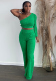 Women'S Solid Color Jacquard Solid Color One Shoulder Long Sleeve Pants Two Piece Set