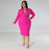 Plus Size Women'S Career V-Neck Solid Color Long Sleeve Midi Bodycon Dress