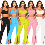 Women'S Fall Winter Solid Color Strap Crop Tank Top High Waist Slit Pants Casual Two Piece Set