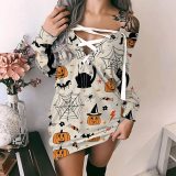 Fall Women'S Halloween V Neck Off Shoulder Loose Long Sleeve Dress