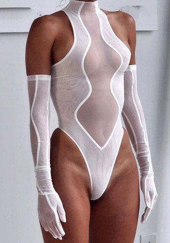 Zomer Solid Fashion Sexy Mesh See-Through Slanke Patchwork Strakke Sport Jumpsuit