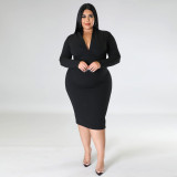 Plus Size Women'S Career V-Neck Solid Color Long Sleeve Midi Bodycon Dress