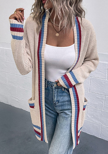 Contrast Stripe Pocket Knitting Shirt Autumn And Winter Sweater Women'S Cardigan Jacket