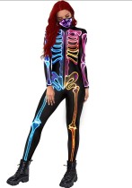 Multi-Color Halloween Pattern Print Long Sleeve Tight Fitting Women Jumpsuit