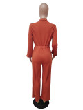 Autumn and winter women's solid color lantern sleeve v-neck loose waist straight jumpsuit