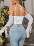 Low Back Halter Neck Suspender Sexy Fall Mesh Long Sleeve Tank Top
