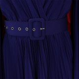 エレガントな女性のソリッド カラーの V ネックのセクシーなプリーツ ロング ドレス マキシ ドレス