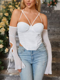Low Back Halter Neck Suspender Sexy Fall Mesh Long Sleeve Tank Top
