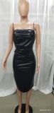 Fall Sexy Black Faux Leather Sling Slim Party Dress