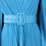 エレガントな女性のソリッド カラーの V ネックのセクシーなプリーツ ロング ドレス マキシ ドレス