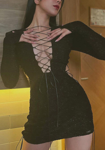 Sexy uitgesneden Lace-Up vrouwen lange mouw V-hals mesh bodycon jurk