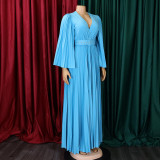 Элегантное женское сплошное цветное платье макси с v-образным вырезом, сексуальное плиссированное длинное платье