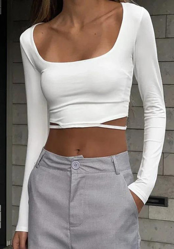 Knitting Square Neck Cutout Long Sleeve Top Autumn White Sexy Slim Crop T-Shirt