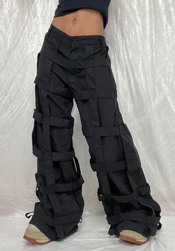 Örgü Patchwork Trend Kargo Pantolon Sonbahar Modası Günlük Kadın Yüksek Bel Düz Pantolon