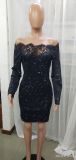 Women Spring Black Sexy Off-the-shoulder Full Sleeves Lace Mini A-line Club Dress