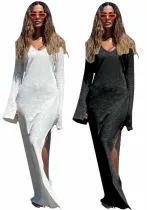 Women's Bell Bottom Sleeve V-Neck Slit Long Dress Sexy Slim Dress