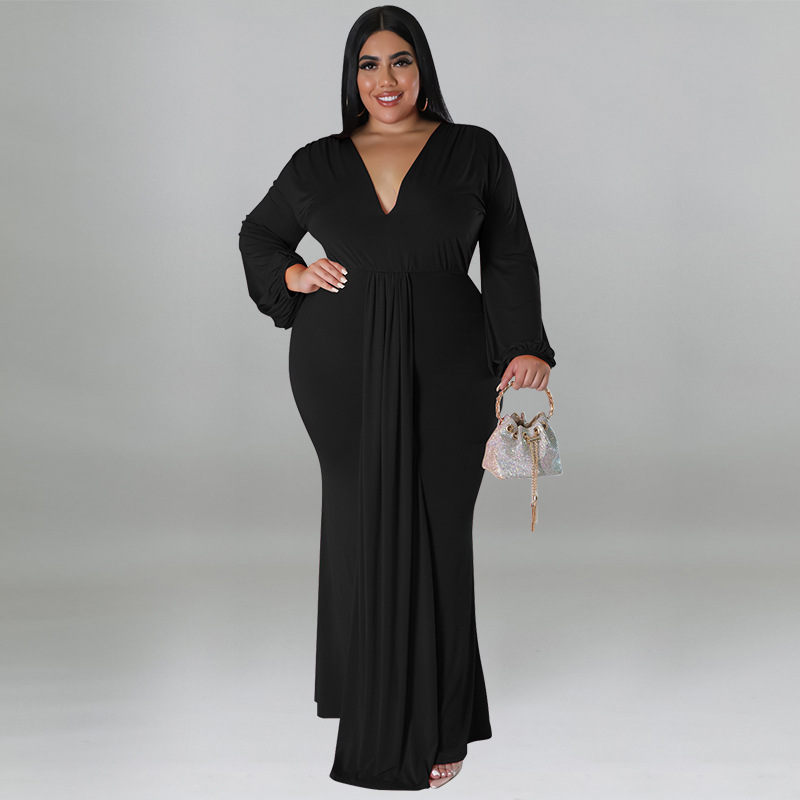 solsikke Formode Direkte Plus Size Women's Solid Color Sexy Deep V Neck Long Sleeve Pleated Dress -  The Little Connection