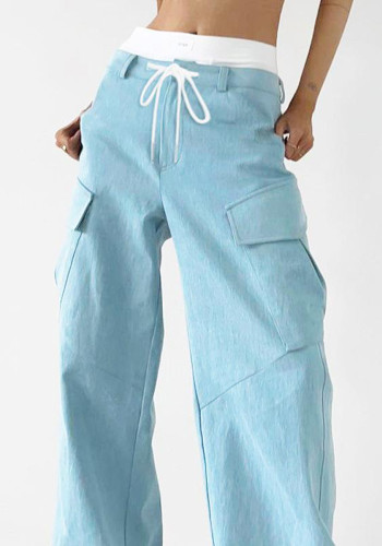 Örgü bağcıklı, geniş cepli kargo pantolonlar Sonbahar modası Günlük bol düz pantolonlar
