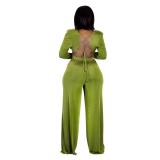 Women autumn and winter sexy pleated v-neck long-sleeved top + wide-leg Pant two-piece set