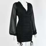 Women Deep V Sexy Lace Up Pleated Bodycon Dress
