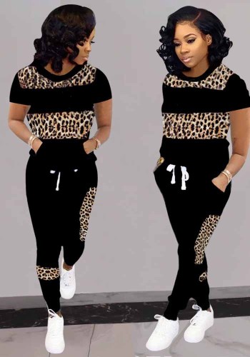 Damen Casual Panel Leopard Print Rundhals Kurzarm Top + Hose zweiteiliges Set