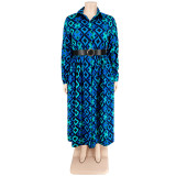 Plus Size Women Fall Long Sleeve Printed Casual Shirt Dress with Belt