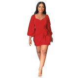 Women Square Neck Long Sleeve Lace-Up Bodycon Dress