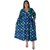 Plus Size Women Fall Long Sleeve Printed Casual Shirt Dress with Belt