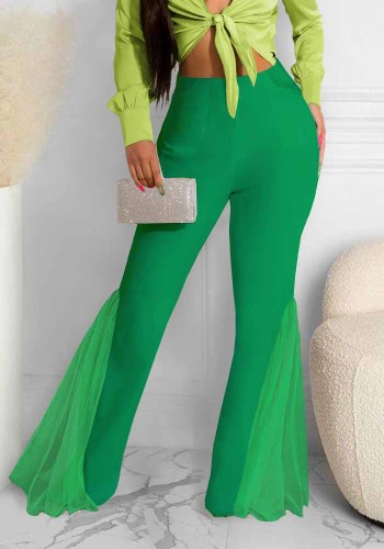 Женские сексуальные брюки с высокой талией и сетчатыми карманами в стиле пэчворк с расклешенными брюками