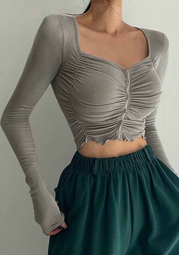 Women Sexy Heart Collar Gathered Long Sleeve Ruffle Edge Crop Top