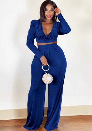 Women autumn and winter sexy pleated v-neck long-sleeved top + wide-leg Pant two-piece set