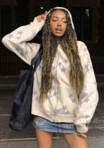 Women Star Print Zip Oversized Hoodies Jacket