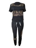 Women Casual Panel Leopard Print Round Neck Short Sleeve Top + Pant Two-Piece Set