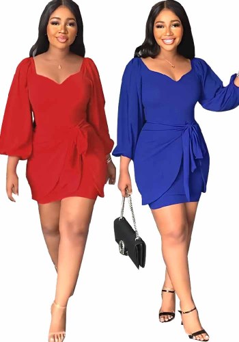 Women Square Neck Long Sleeve Lace-Up Bodycon Dress