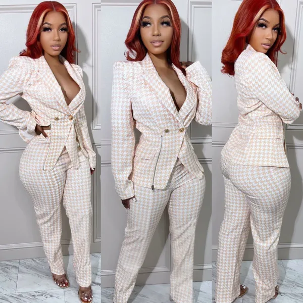 Women Printed Zip Blazer + Pant Two Piece