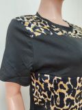 Women Casual Panel Leopard Print Round Neck Short Sleeve Top + Pant Two-Piece Set