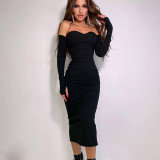 Fall Women Sexy Knitting Off Shoulder Long Sleeve Strapless Slim Fitted Dress