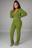 Women's Hooded Pocket Pleated Solid Two-Piece Tacksuit Set