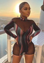 Sexy, mehrfarbiger, durchsichtiger, eng anliegender Jumpsuit aus Patchwork-Netz mit Streifendruck für Damen