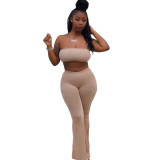 Women's Solid Color Strapless Cropped Top High Waist Trousers Two Piece Set