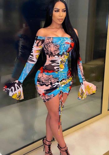 Women's Off Shoulder  Chic Sexy Graffiti Print Ruched Flare Long Sleeve Mini Dress