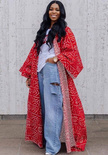 Women's Fashion Chic Plus Size Versatile Long Loose Print Cardigan Coat