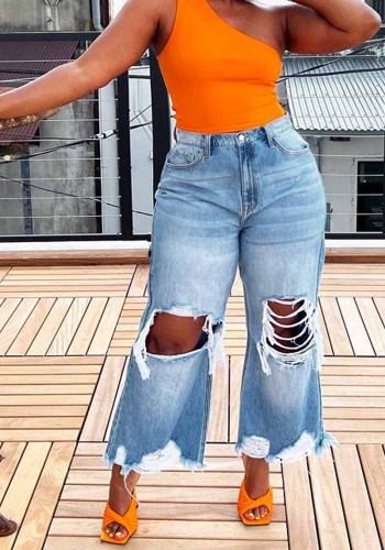 Women's Summer Washed Ripped Denim Pants High Waist Ripped Wide Leg Jeans