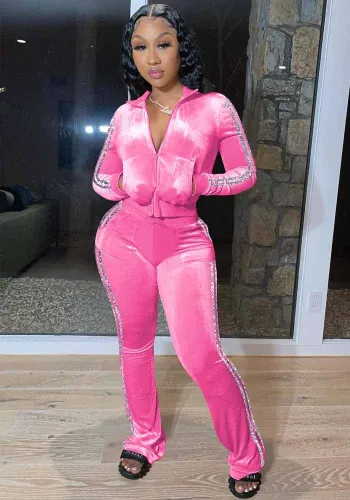 Women's Solid Velvet Casual Zip Top Wide Leg Pants Two Piece Tracksuit