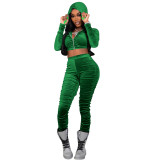 Womens Fashion Open Waist velvet Casual Hooded Ruched Two Piece Pants Set