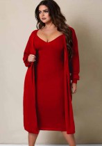 Women's Fall Ribbed V-Neck Long Sleeve Solid Casual two piece dress Suit