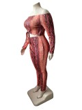 Plus Size Sexy Snake Print Tied knote Cutout Off Shoulder Jumpsuit