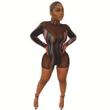 Women's Sexy Multi-Color Stripe Print Patchwork Mesh See-Through Tight Fitting Jumpsuit