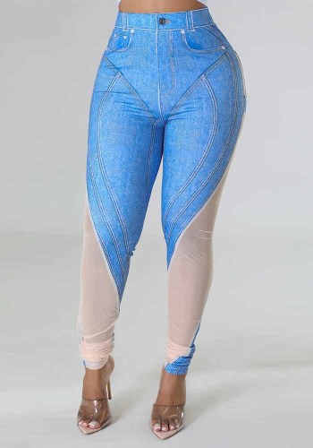 Womne Sexy Positioning Denim Pattern Print Mesh Patchwork Trousers