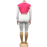 Women's Fashion Long Sleeve Crop Tank Baseball Coat Lined Pants Three-Piece Set